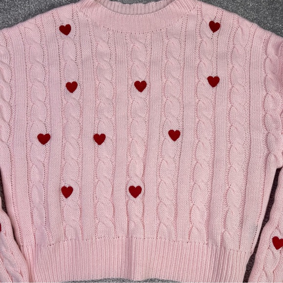 SHEIN Sweater Women’s Medium Pink Heart Cable Knit Valentine’s Day - Picture 2 of 9